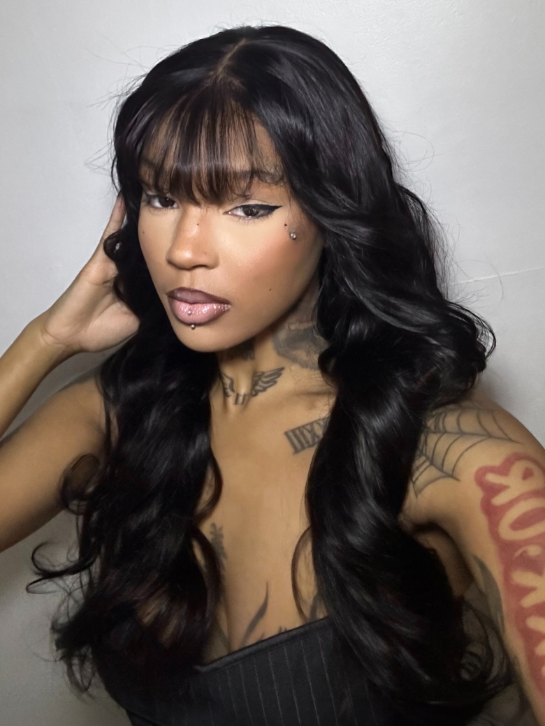 13x4 Pre-Everything Lace Frontal Black Fluffy Natural Color Loose Wave Wig WIth Banging Bangs