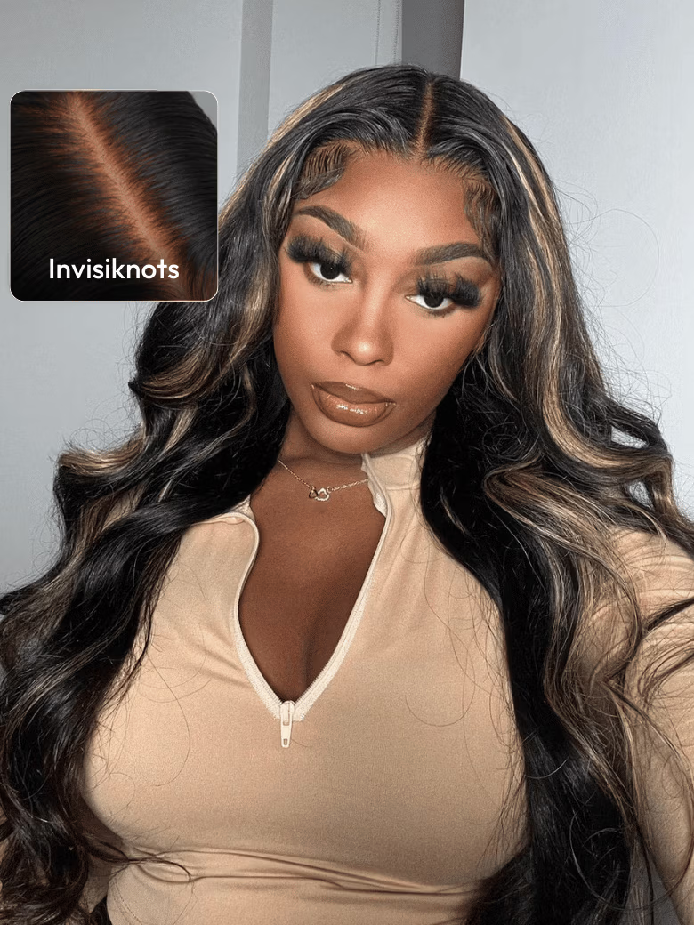 [All Inch $119] 13x4 Pre-Everything Glueless Lace Wig Black With Blonde Highlights 3D Body Wave Bleached Knots Bouncy Wig