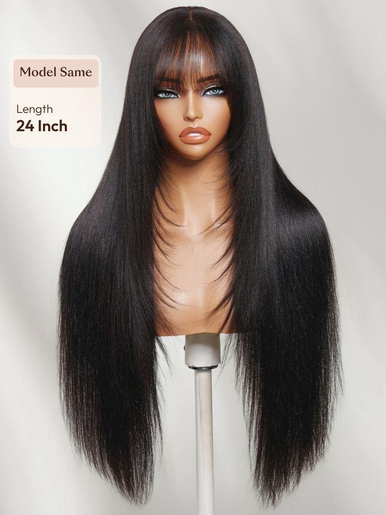 UNice 7x5 Bye Bye Slip™ Lace Black Glueless Long Layered Yaki Straight Drawstring Wig with Wispy Bangs