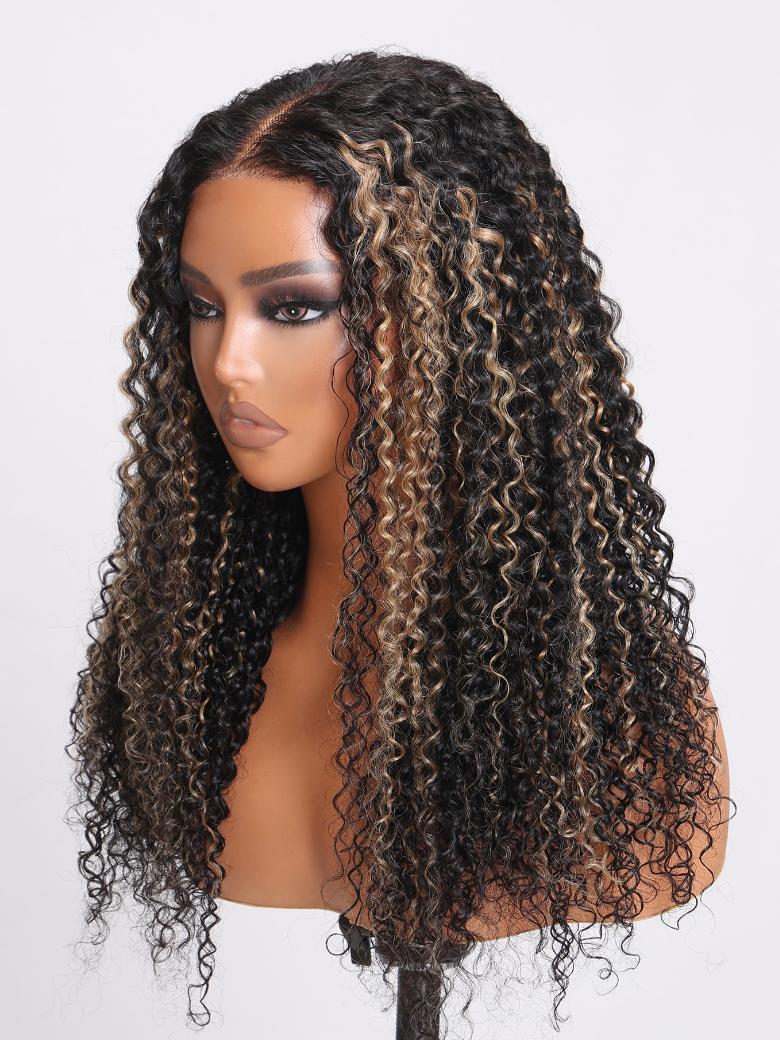 Bye Bye Knots Wig 7x5 Glueless Lace 180% Density Honey Brown Highlights Jerry Curly Wig With Bleached Knots