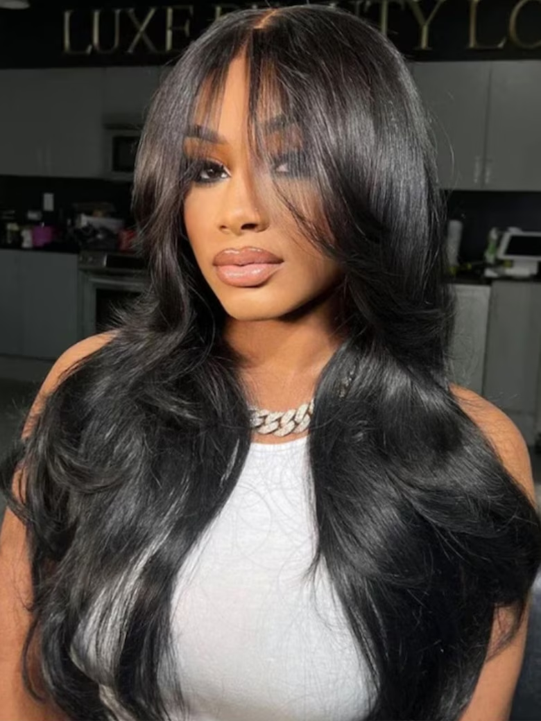 13x4 Pre-Everything Lace Frontal Black Fluffy Natural Color Loose Wave Wig WIth Banging Bangs