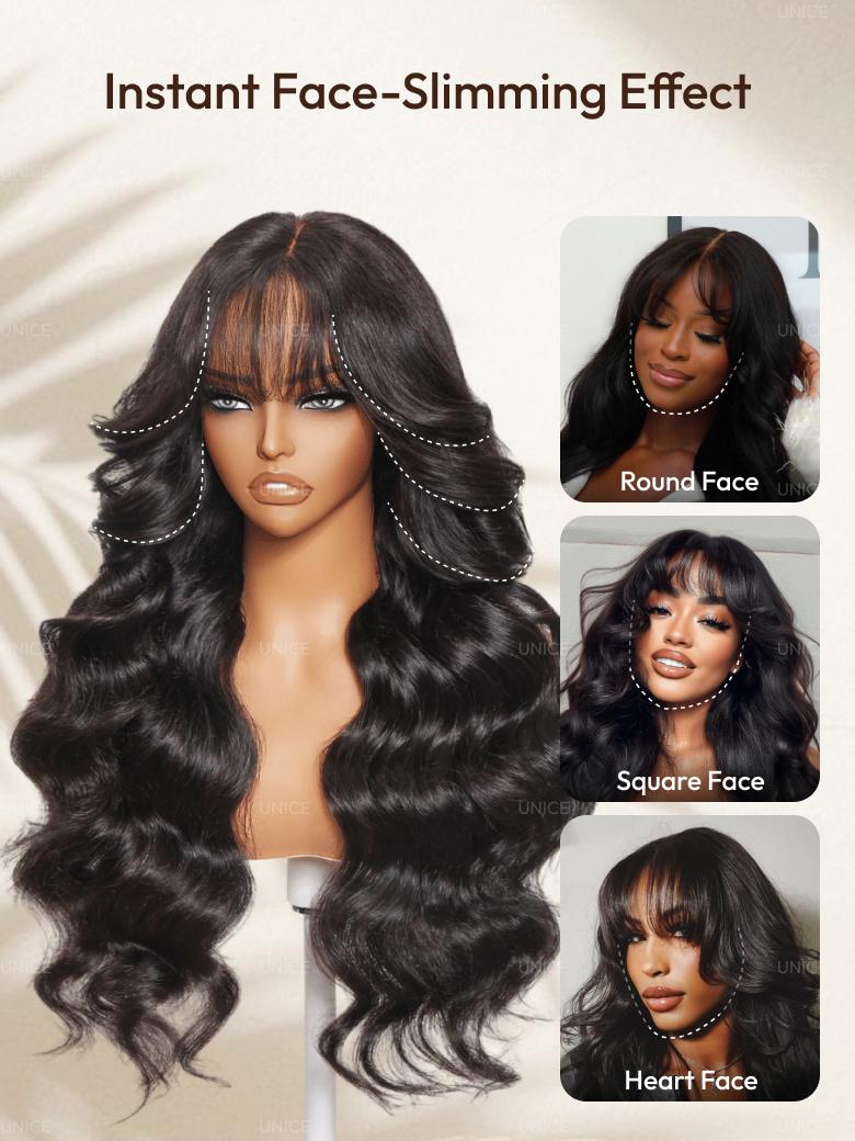 UNice 7x5 Bye-Bye Knots™ & 13x4 Pre-Everything™ Lace Frontal Black Fluffy Natural Loose Wave Curtain Bangs Wig