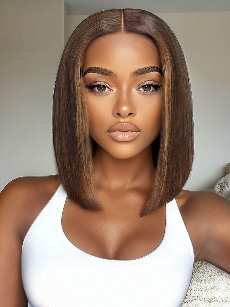 UNice Bye-Bye Knots 7x5 Lace Middle Part Blunt Bob Wig Espresso Brown With Highlights Wig
