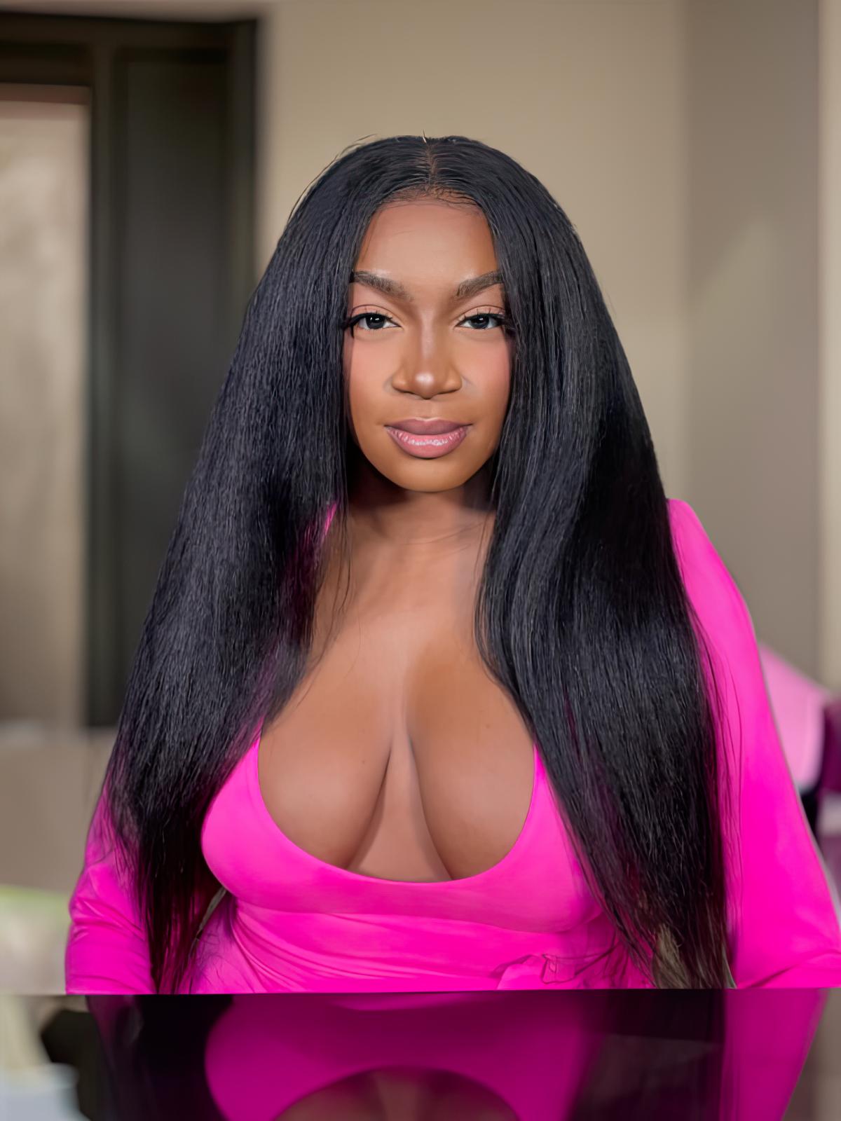 [From 18"] 6x4.5 Pre Cut Lace Put On And Go Kinky Straight Black Air Glueless Wig 150% Density