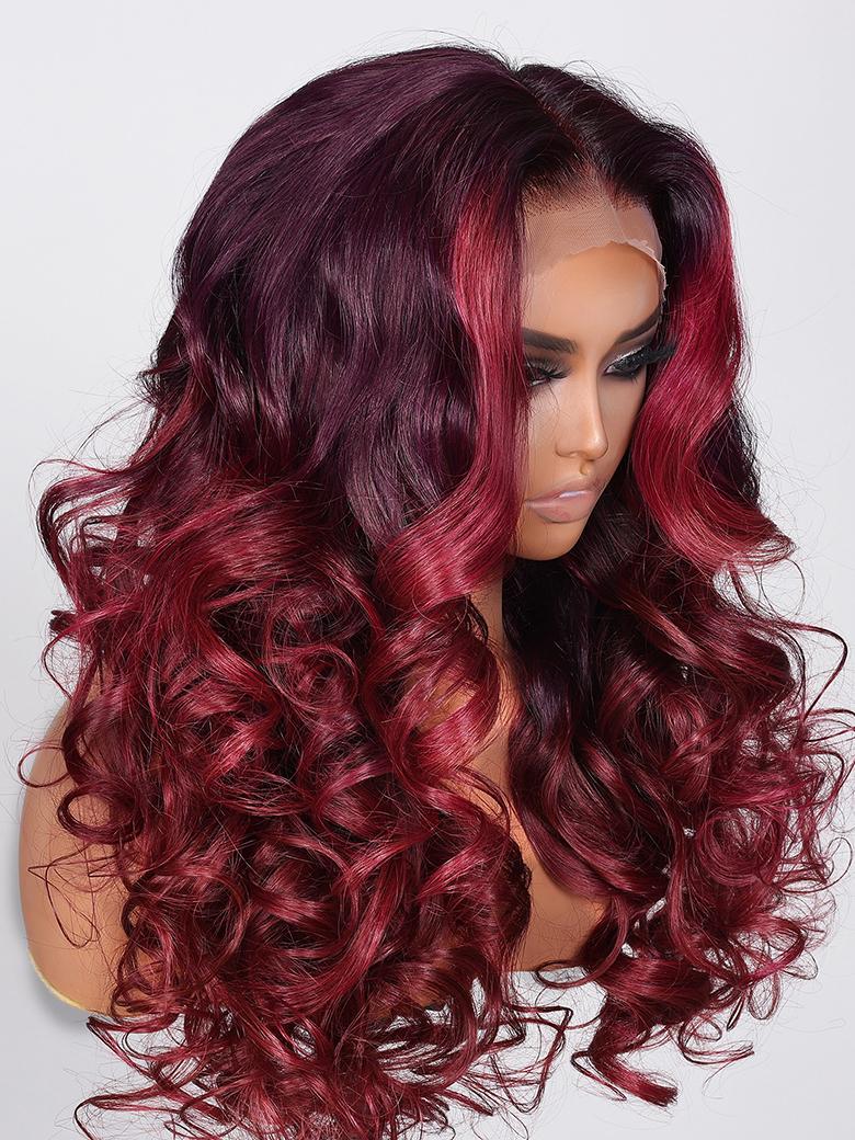 UNice 13x4 Lace Front Burgundy Loose Wave Wig With Ruby Red Face Framing Highlights