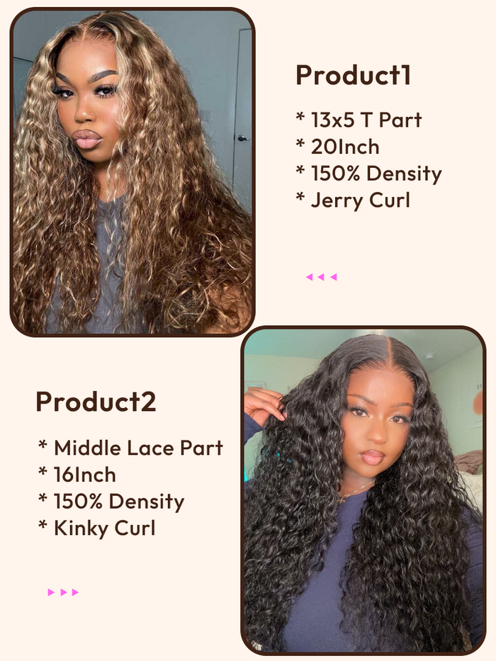 2 Wigs $148 for 20" 13x5 T Part Lace Front Honey Blonde Curly Wig and 16" Middle Lace Part Kinky Curly Wig