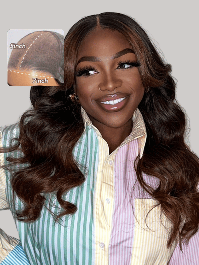7x5 Bye Bye Knots Wig Lace Black to Chestnut Brown Ombre Loose Wave Wig With Bleached Knots 150% Density