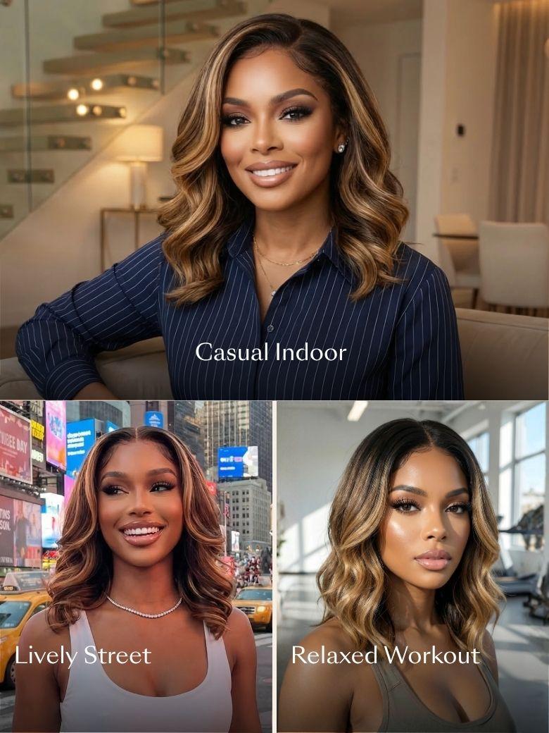[Free Wig For All Length] UNice 13x4 Pre-Everything™ Lace Frontal Brown With Honey Blonde Face-Framing Highlights Wavy Bob Drawstring Wig