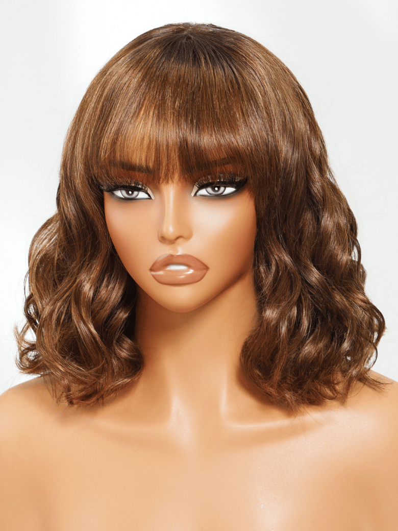 UNice 2x4 Lace Closure Yaki Straight Bob Wig with Chinese Bangs 150% Density