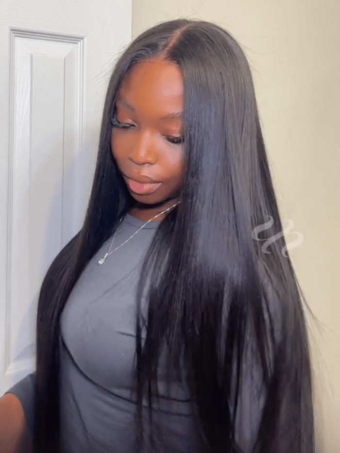 7x5 Bye Bye Knots™ Wig Black Yaki Straight Glueless Bleached Knots Wig