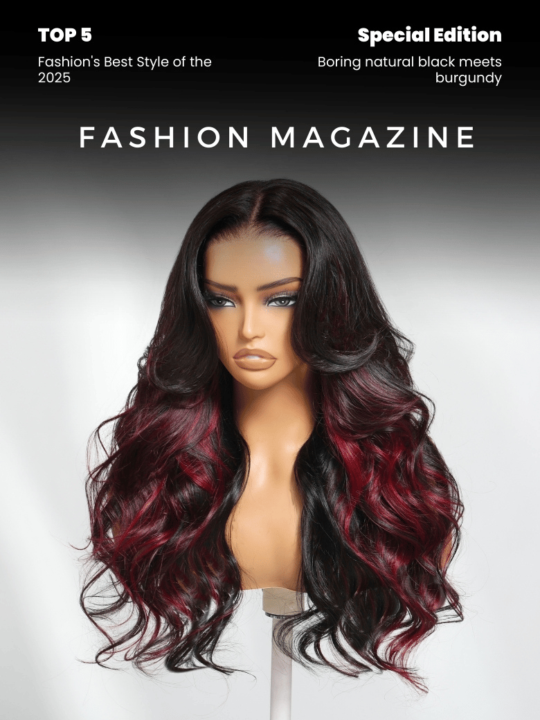 Bye-Bye Knots 7x5 Lace 180% Density Loose Wave Burgundy Highlights Wig with Face Framing Layers
