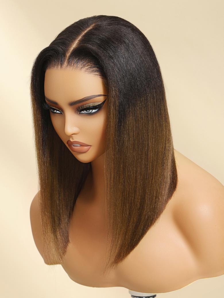 Bye-Bye Knots Bold & Refined 7x5 Lace Black to Chestnut Brown Ombre Yaki Bob Wig