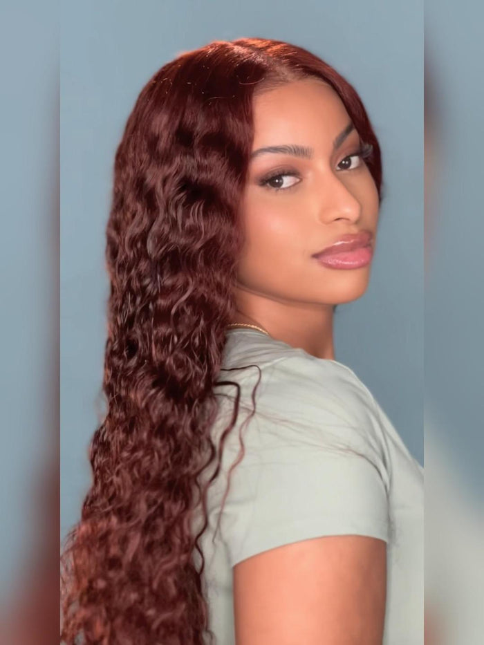 [24''=$119] 6x4.5 Glueless Lace Bye-Bye Knots Reddish Brown Water Wave Wig with Invisible Lace 200% Density