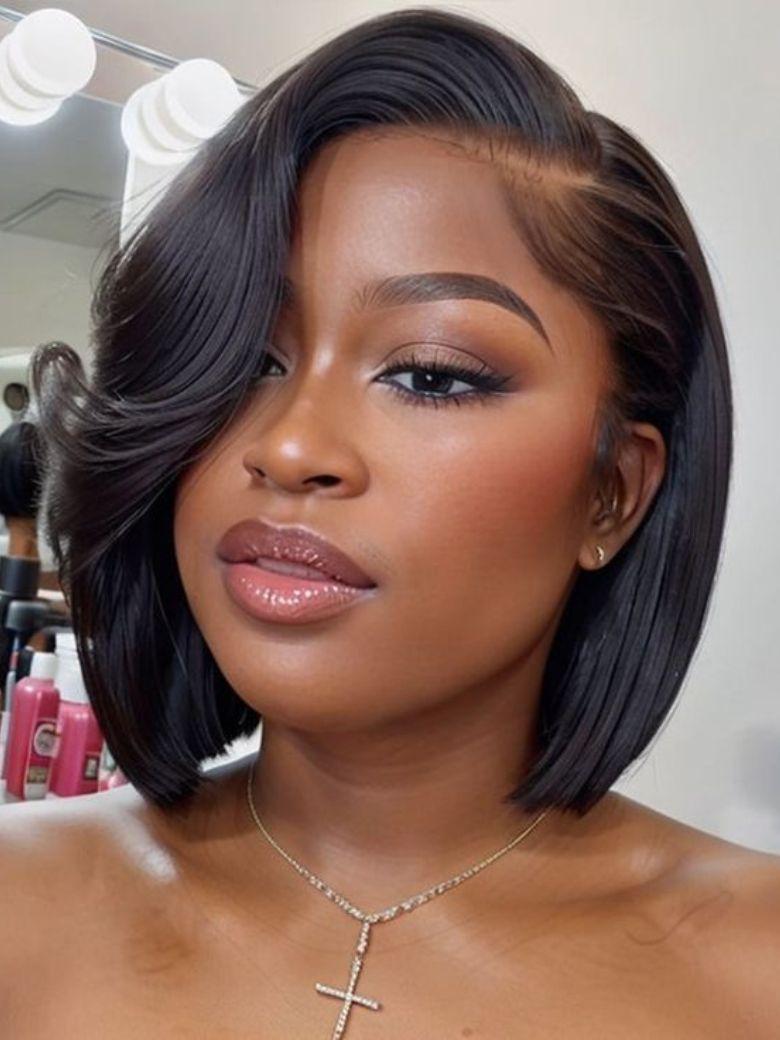 4x4 Lace Closure Black Bob Wig With Side Swept Bangs 150% Density