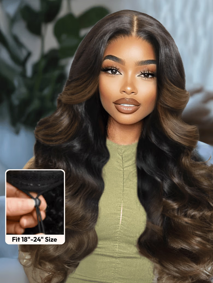 Invisi Drawstring EasiContour™ V Part Black to Chestnut Brown Ombre Body Wave Wig