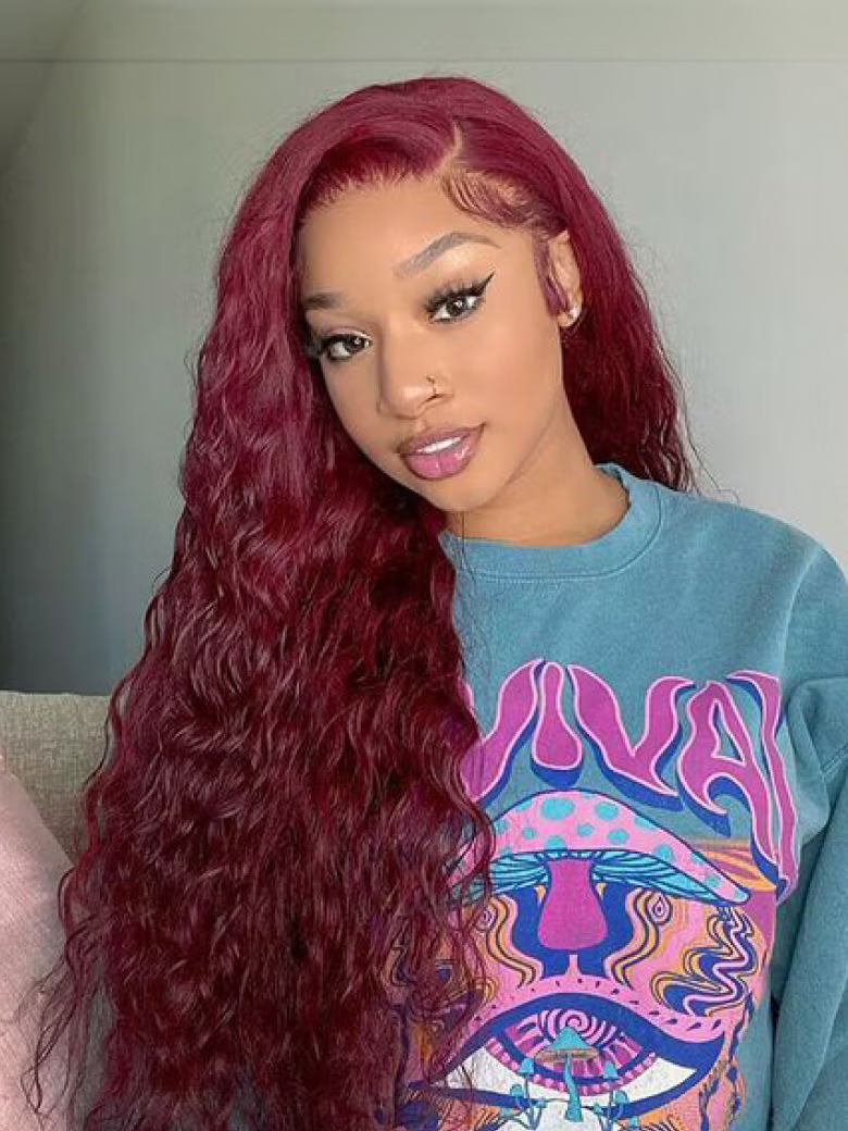 [With Gift] UNice 200% Density 6x4.5 Pre-Cut Lace Put On And Go Burgundy Jerry Curly Air Wig With Baby Hair