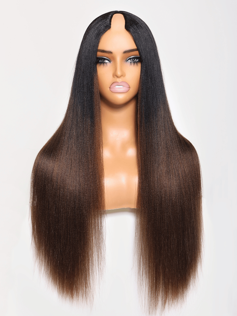 EasiContour™ V Part Black to Chestnut Brown Ombre Yaki Wig With Invisi Drawstring 150% Density