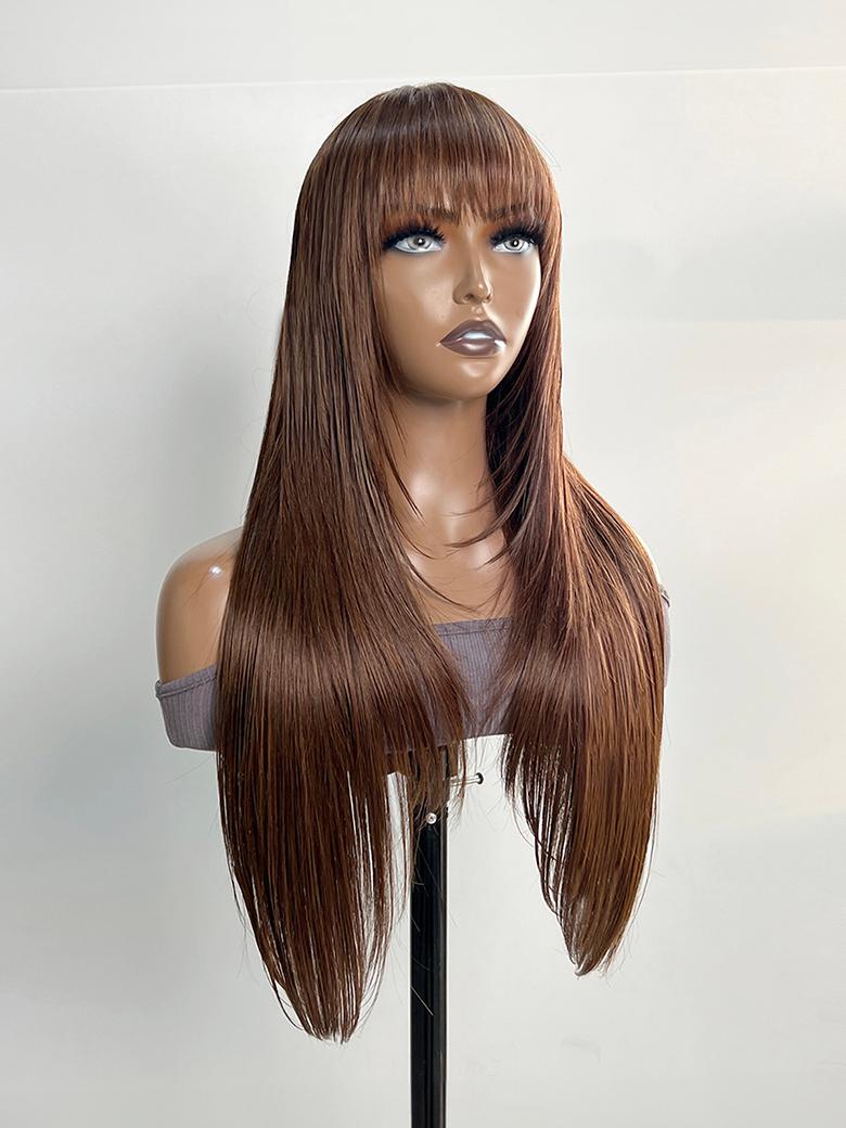 UNice Layer Cut Mocha Medium Brown Glueless Beginner Friendly Straight Wig With Bangs