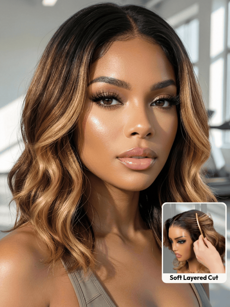 UNice 13x4 Pre-Everything™ Lace Frontal Brown With Honey Blonde Face-Framing Highlights Wavy Bob Glueless Drawstring Wig Workout Friendly Secure Fit
