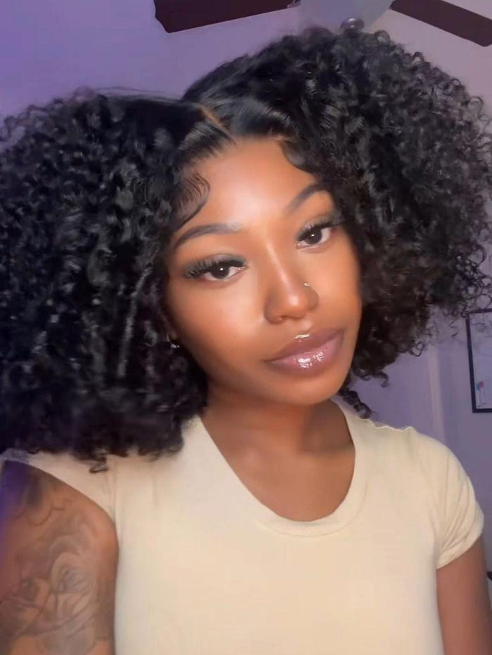 [22"=$99] 180% Full Density 7x5 Lace Bye Bye Slip™ Natural Black Afro Kinky Curly with Finger Coil Ends Drawstring Wig 180% Density