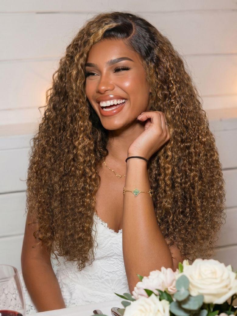 UNice 13x4 Bye Bye Slip™ Lace Frontal Brown with Caramel Highlights Glueless Curly Wig with Dark Roots