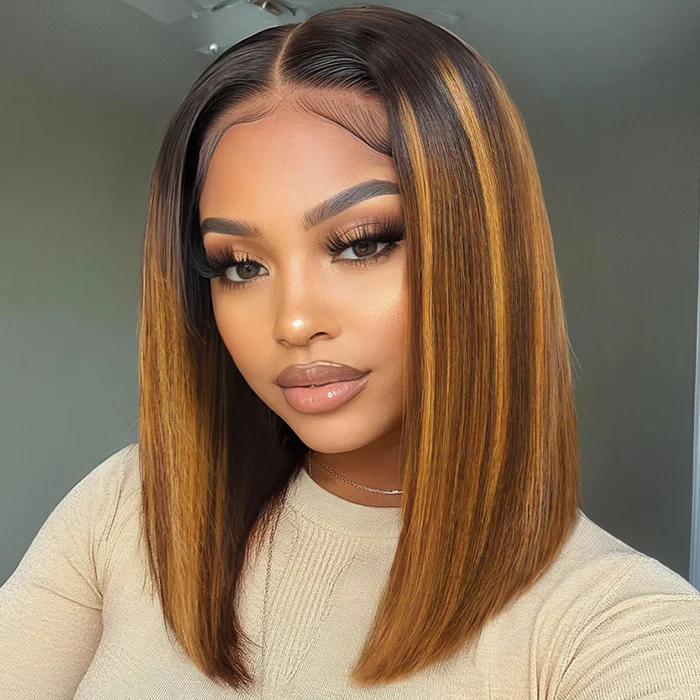 UNice Bye-Bye Knots 7x5 Lace Brown With Blonde Piano Highlights Blunt Bob Wig with Dark Roots