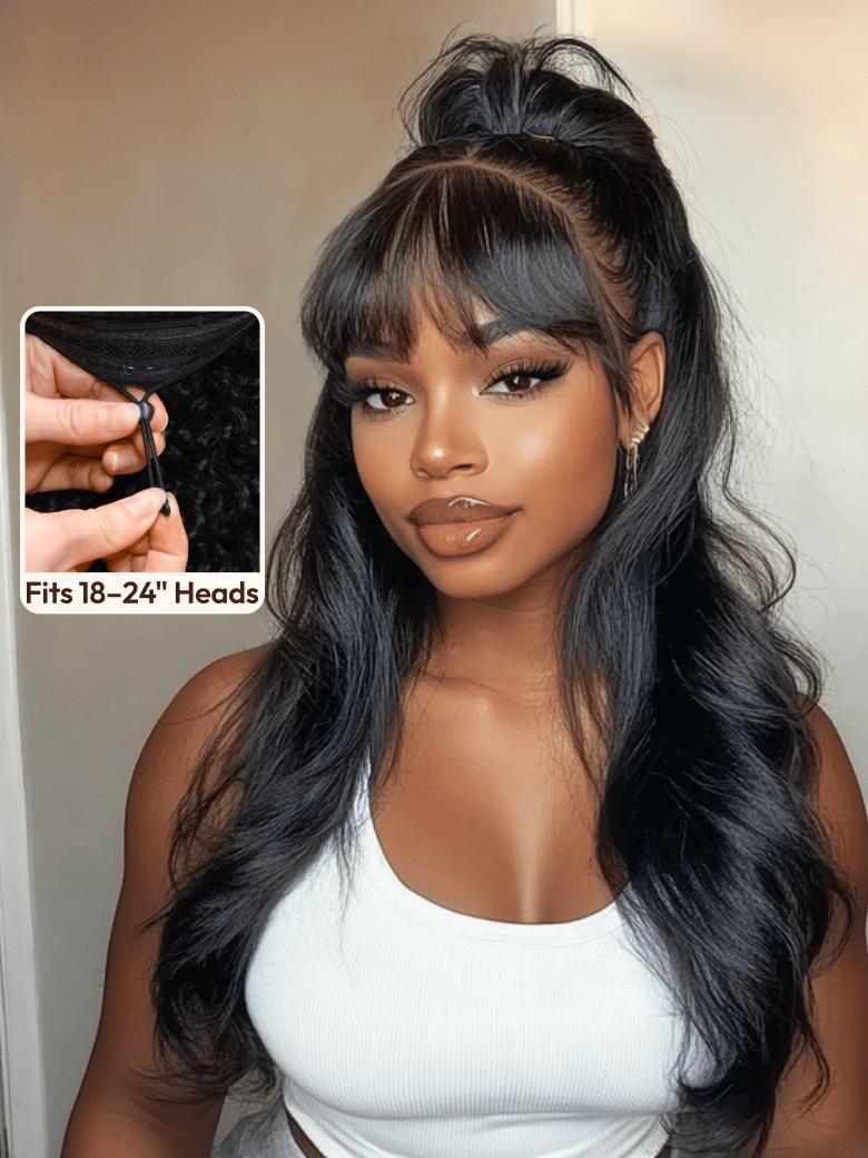 7x5 ByeBye Knots™ Black Fluffy Natural Loose Wave Curtain Bangs Wig