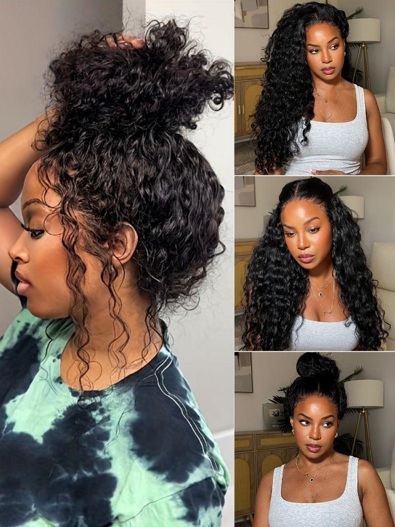 UNice 7x5 Bye Bye Knots & 13x4 Pre-Everything™ Lace Frontal Natural Black & Golden Brown Highlights Water Wave Curly Drawstring No Baby Hair