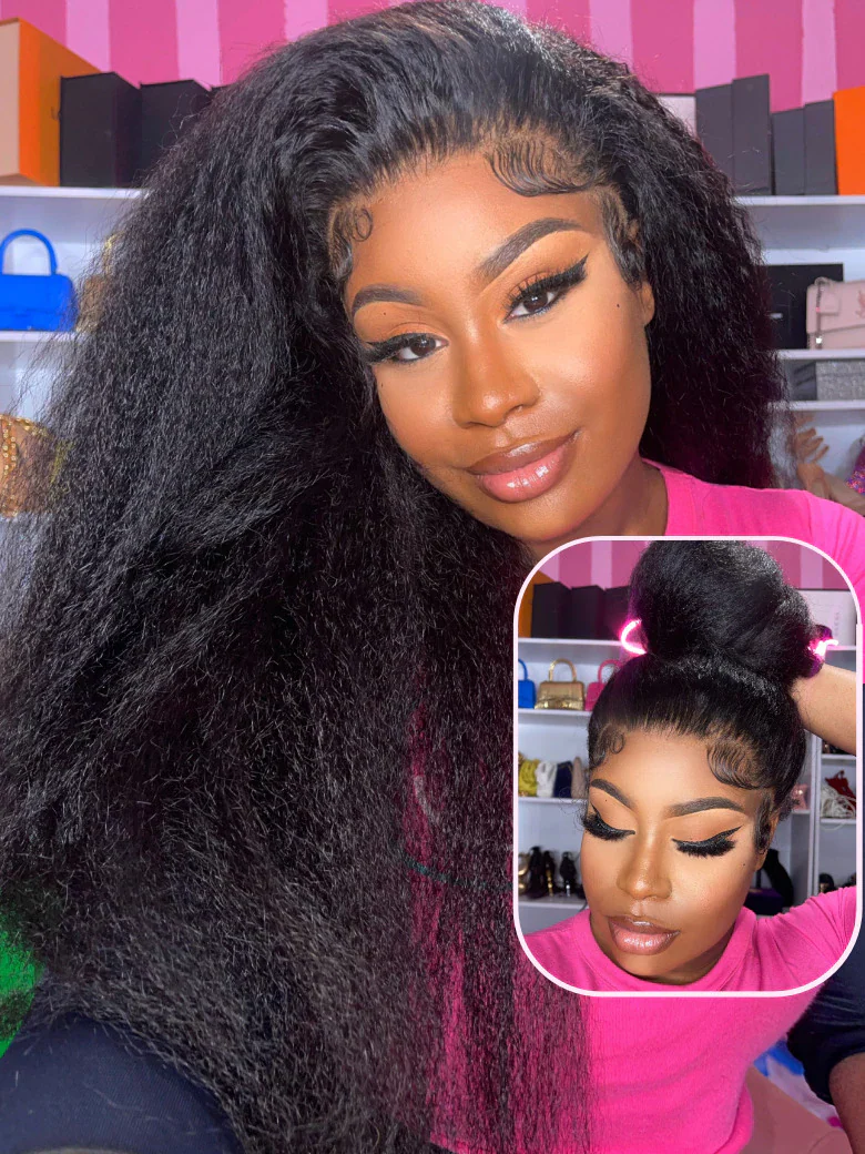 [From 18"] 6x4.5 Pre Cut Lace Put On And Go Kinky Straight Black Air Glueless Wig 150% Density