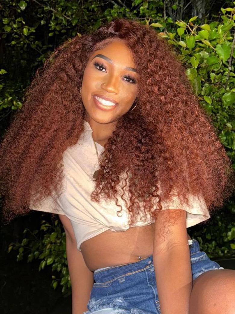[18"=$17 by installments] 13x4 Lace Frontal Reddish Brown Curly Hair with Babyhair Pre-bleached Knots Human Hair Wig