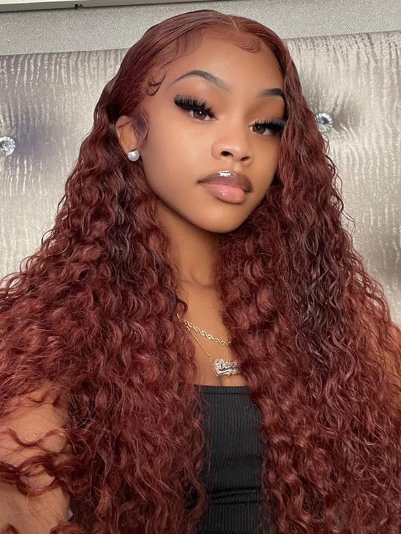 13x4 Pre Everything Glueless Lace Frontal Wig Reddish Brown Water Wave Wig Pre-Cut & Pre-Pluck &  Pre-Bleached Pre-Everything Wig 150 Density