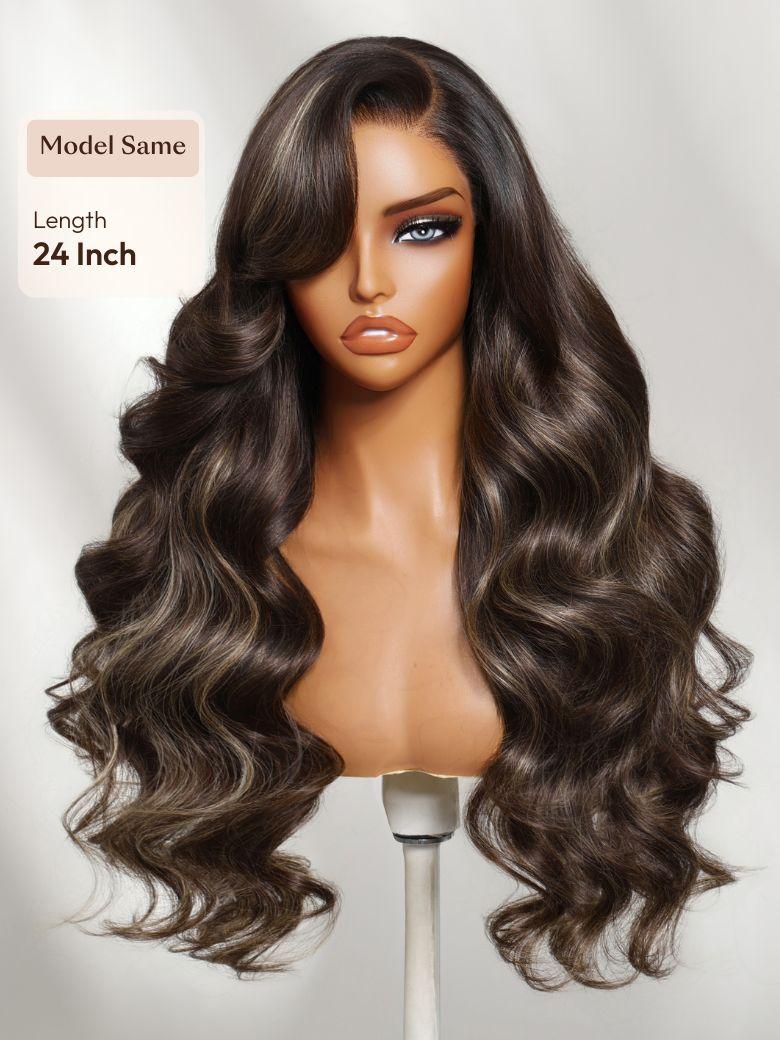 UNice 13x4 Bye Bye Slip™ Lace Frontal Dark Chocolate Brown with Caramel Highlights Body Wave Wig with Side Part Bangs