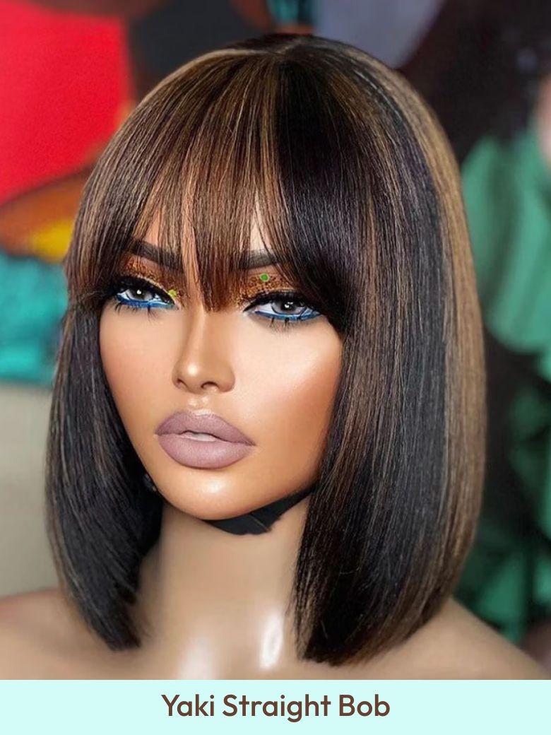 UNice Black Yaki Wig Human Hair Glueless Wig with Blunt Bangs