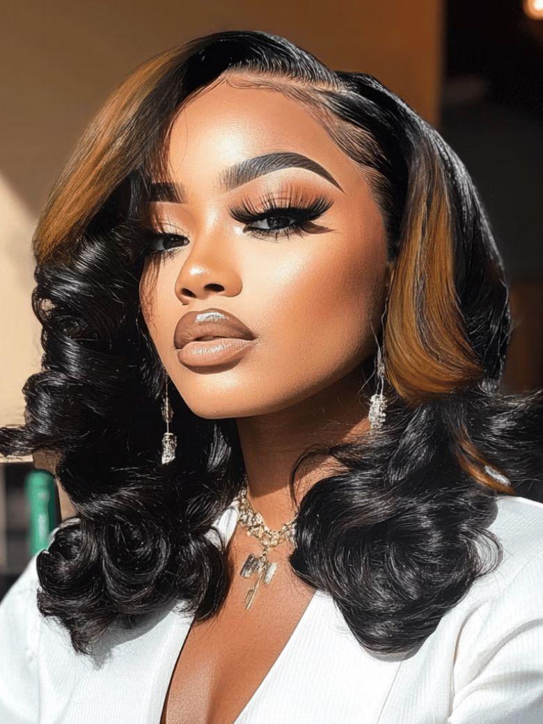 7x5 Bye-Bye Knots Natural Black & Black Cherry & Black with Caramel Blonde Highlights Body Wave Wig