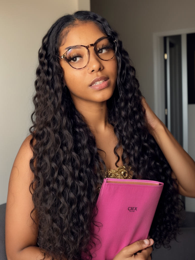 [22"/200% Density=$146] 6x4.5 Pre Cut & Pre Bleached Lace with Baby Hair Put On And Go Black Water Wave