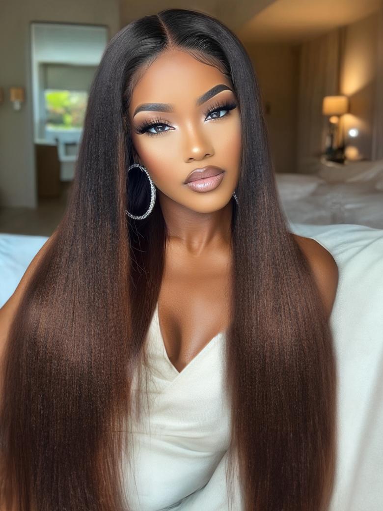 UNice EasiContour™ V Part Black to Chestnut Brown Ombre Yaki Wig With Invisi Drawstring