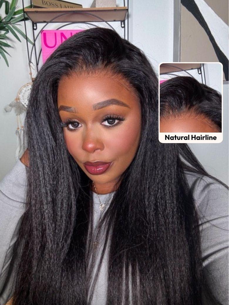 UNice 13x4 HD Real Scalp™ Wig Invisible Lace Frontal Black Kinky Straight Wig With Invisi Drawstring