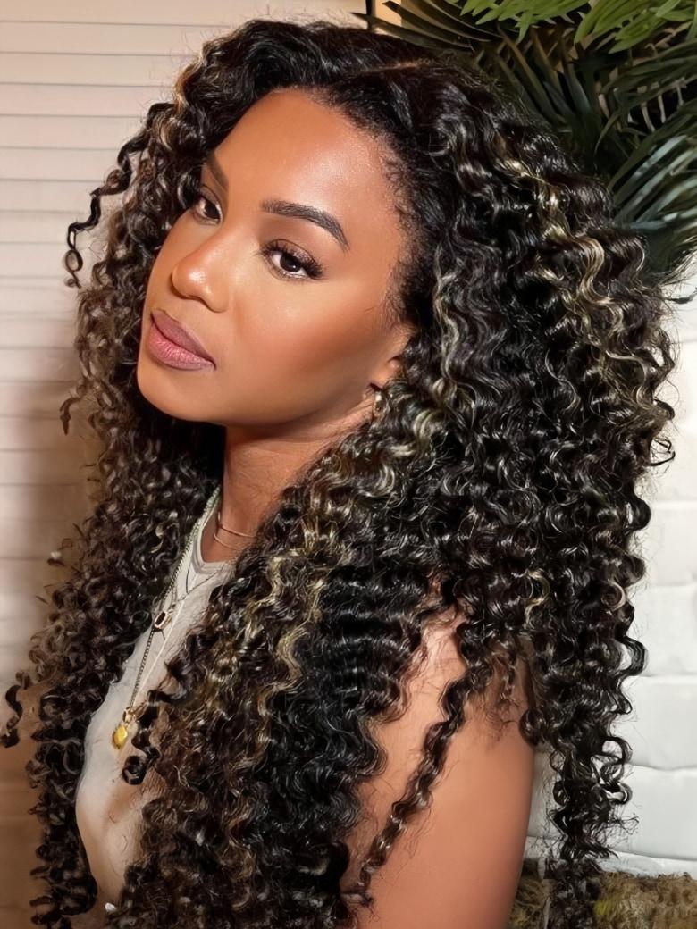 Bye Bye Knots Wigs 7x5 / 6X4.5/ 13X4 Pre-Cut Lace Honey Brown Highlights/ Reddish Brown/ Natural Black Jerry Curly Wig With Bleached Knots