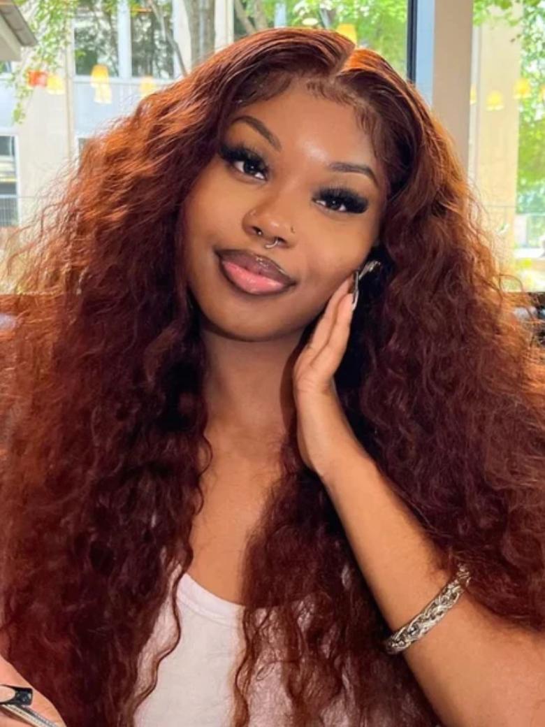 13x4 Pre Everything Lace Frontal Reddish Brown Water Wave Gluleless Lace Wig