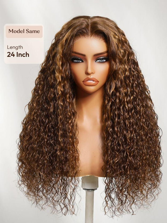 [Invisi Drawstring]13x4 Pre-Everything™ Lace Frontal Toffee Brown With Piano Highlights Water Wave Glueless Wig