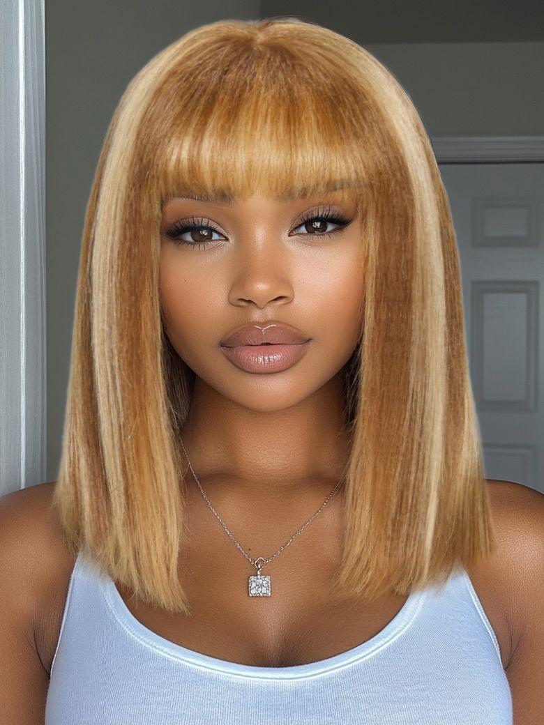 UNice Bye-Bye Knots 7x5 Lace Honey Blonde Highlights Yaki Wig with Blunt Bang