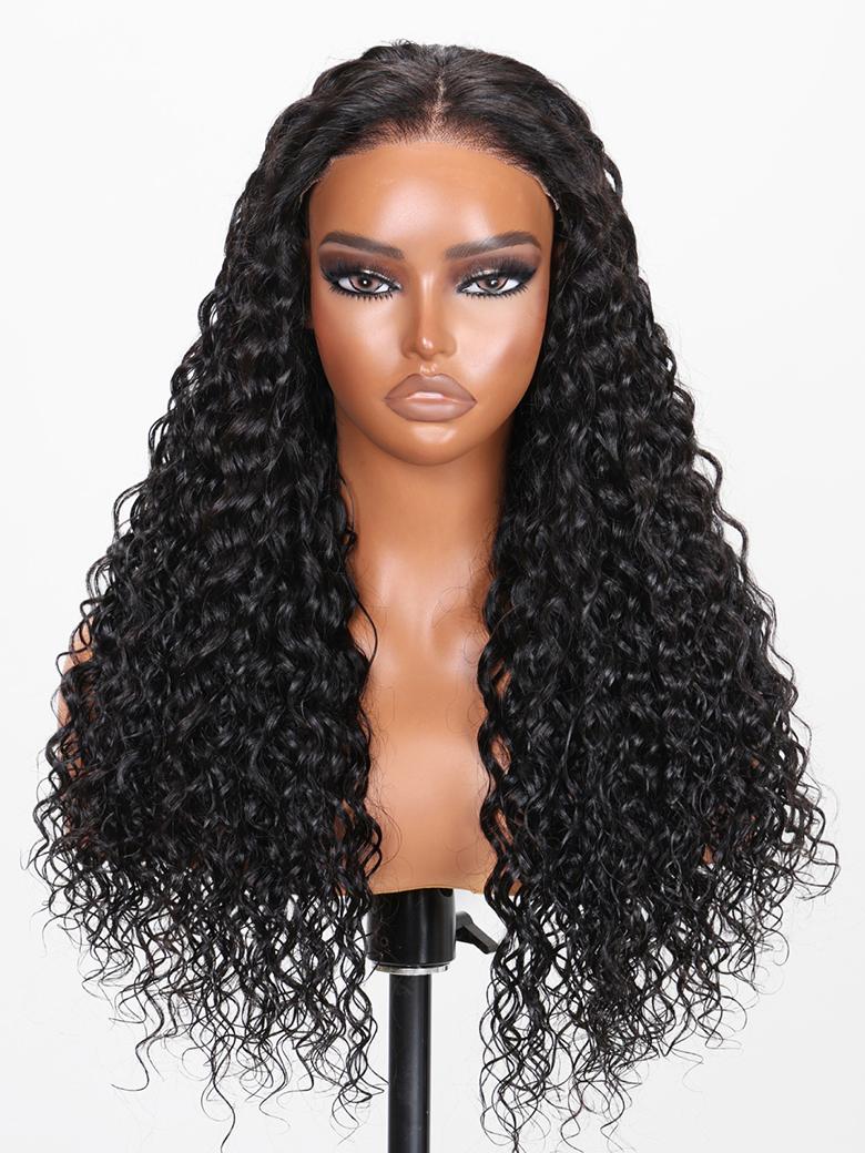 [22"/200% Density=$146] 6x4.5 Pre Cut & Pre Bleached Lace with Baby Hair Put On And Go Black Water Wave