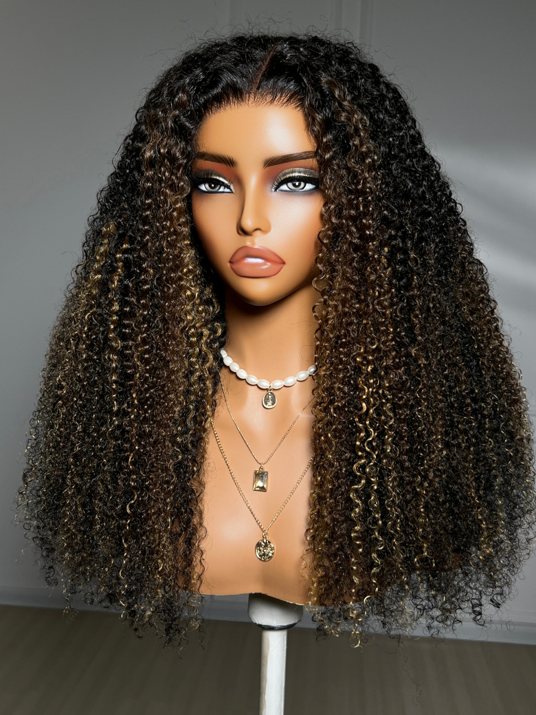 UNice 7x5 Bye Bye Slip™ Lace Black with Blonde and Caramel Highlights Full Curly Wig with Defined Curls For Beginners