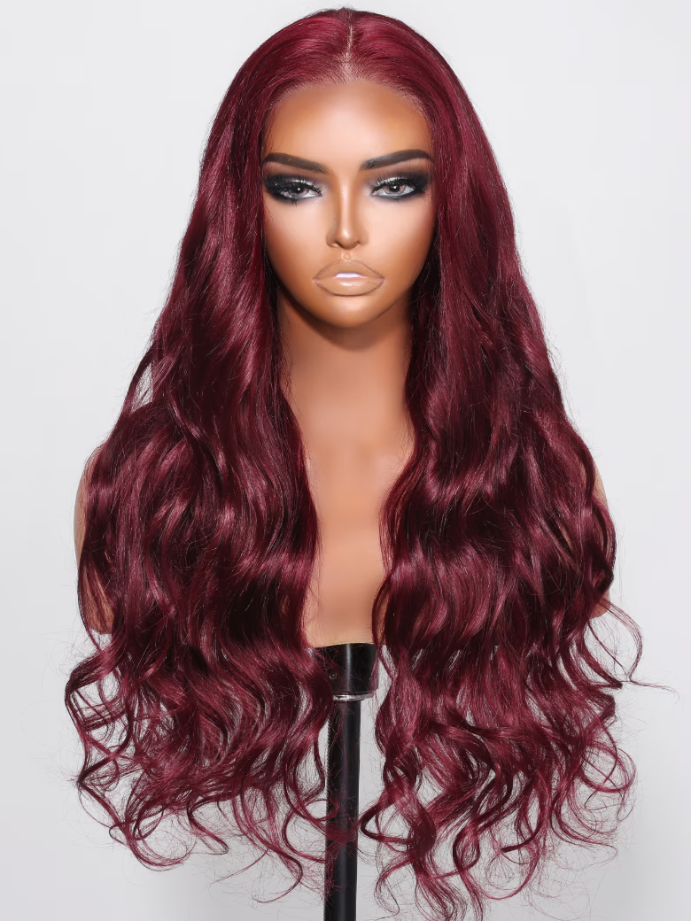 [24"=$89] Body Wave Super Bouncy Middle 4x0.75 Lace Part Burgundy 100% Human Hair Wigs