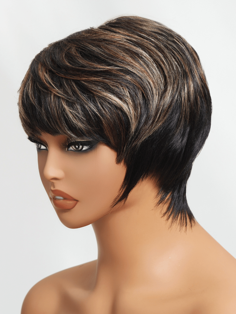 UNice Black with Light Brown Highlights Short Pixie Cut Human Hair Glueless Wig