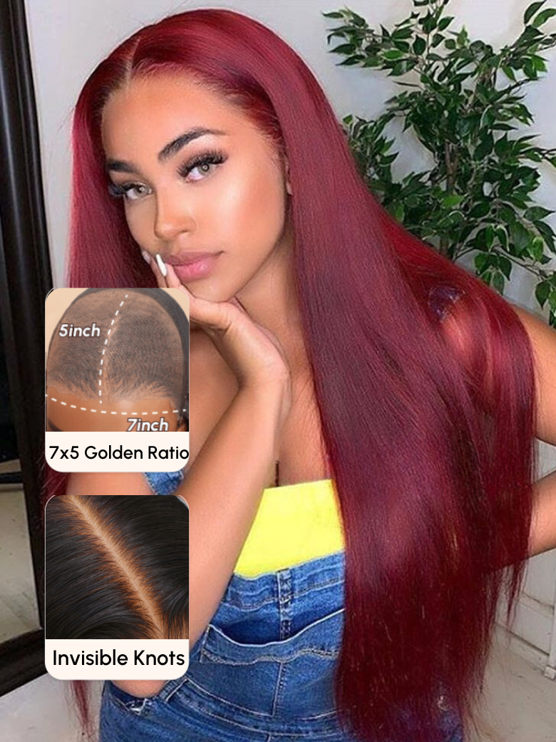 UNice Bye Bye Knots Wig 7x5 Glueless Lace Burgundy Yaki Wig With Bleached Knots