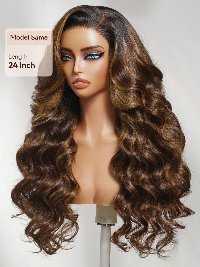 UNice 7x5 Bye Bye Slip™ Lace Caramel Highlights on Chocolate Brown with Dark Roots Body Wave Glueless Wig with Side Part Bangs