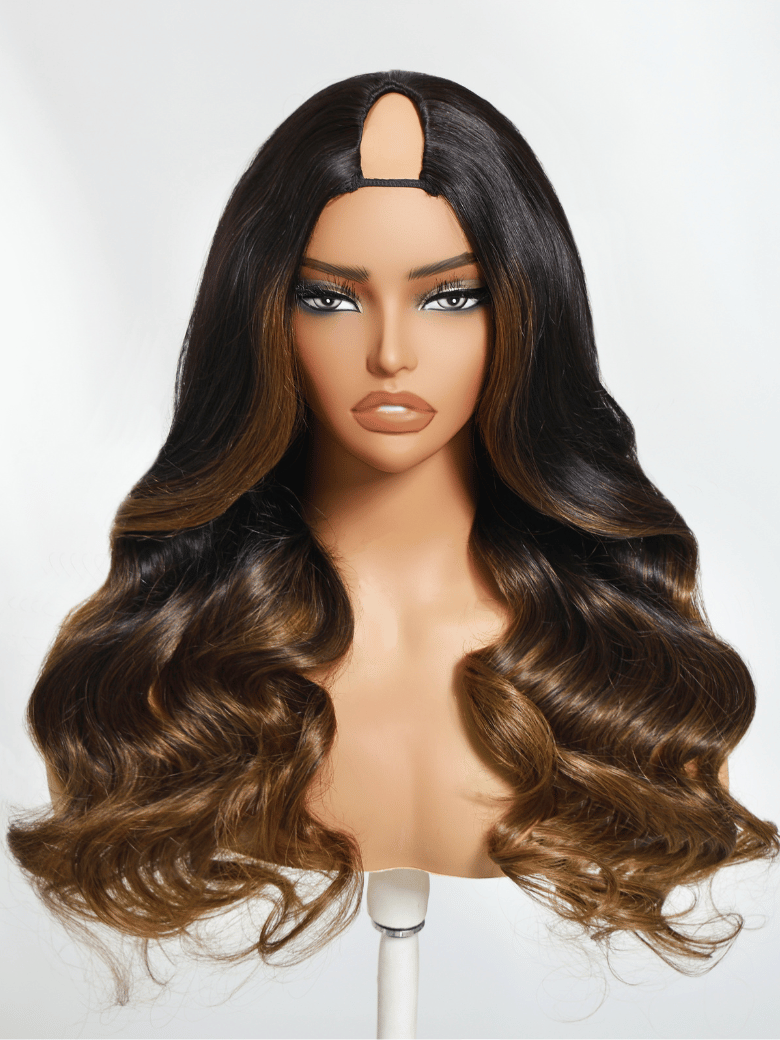 UNice EasiContour™ V Part Black to Chestnut Brown Ombre Body Wave Wig With Invisi Drawstring