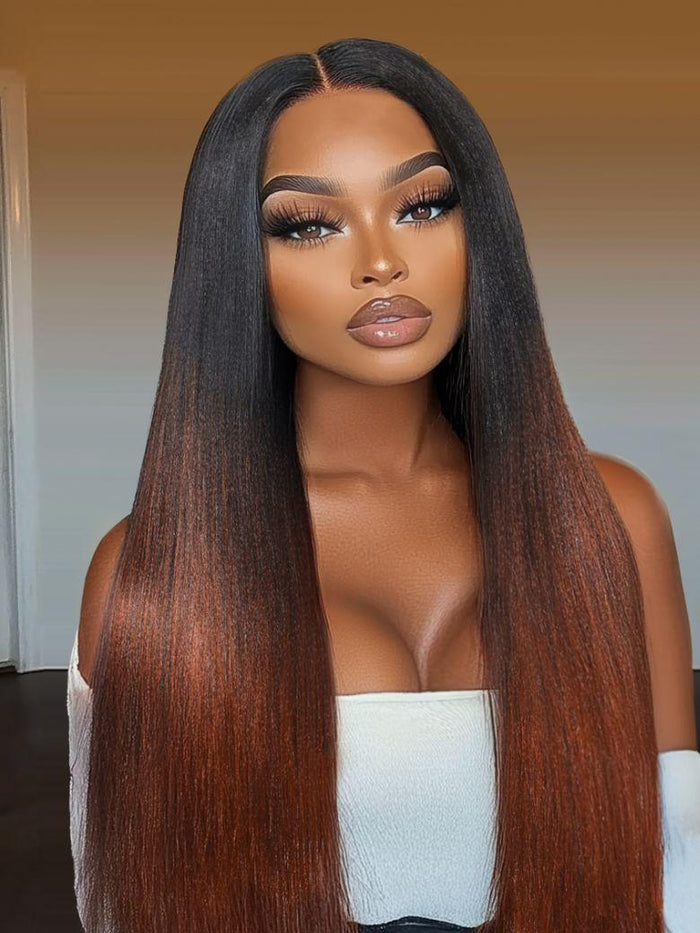 UNice EasiContour™ V Part Black to Reddish Brown Ombre Yaki Straight Glueless Wig