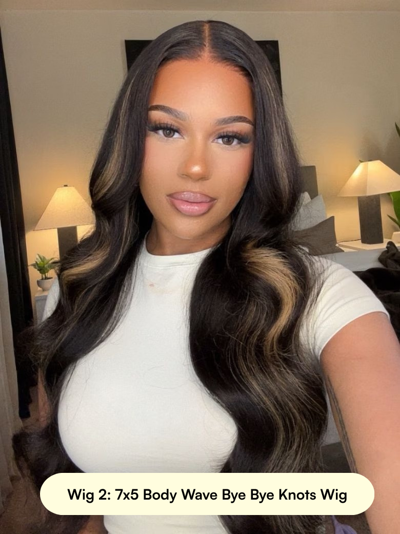 UNice 13x4 Pre-Everything Black with Brown Money Piece Natural Fluffy Loose Wave Curtain Bangs Wig & 7x5 Highlight Body Wave Bye Bye Knots Wig